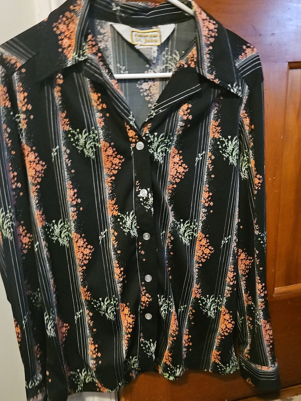 Women's Black Floral-Striped Button-Up Blouse